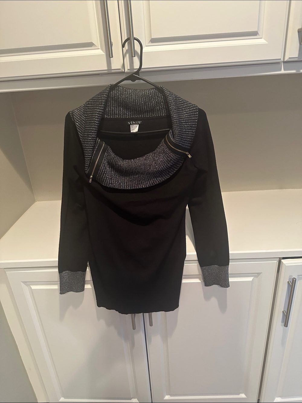 VENUS Black Sweater with Gray Ribbed Cowl
